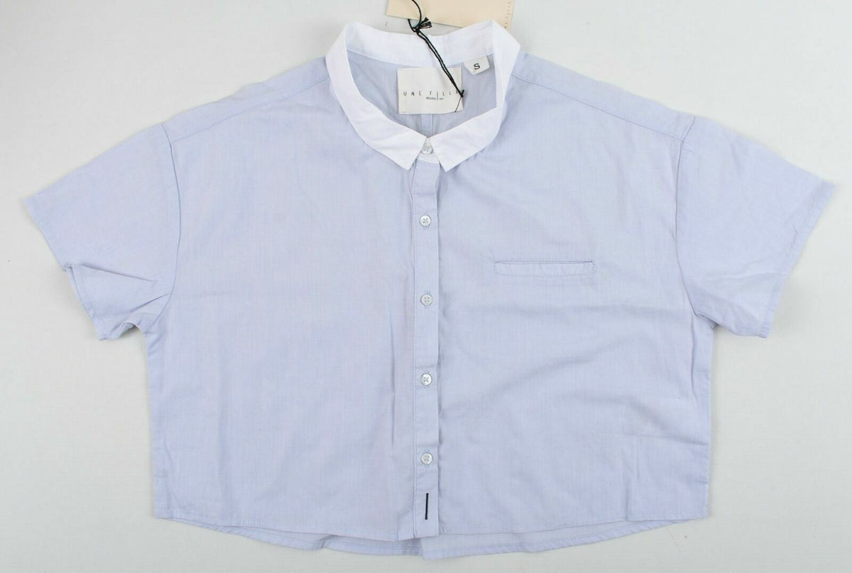 UNE FILLE Girl's Cropped Buttoned Short Sleeved Blue Shirt With Collar- Size S