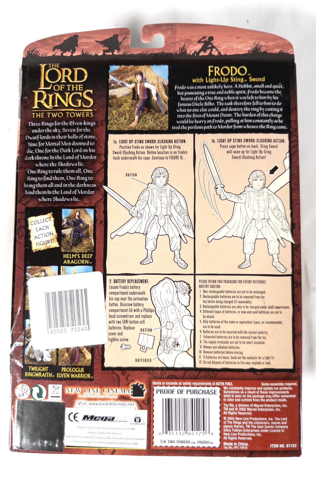 LORD OF THE RINGS The Two Towers FRODO with light up sting sword
