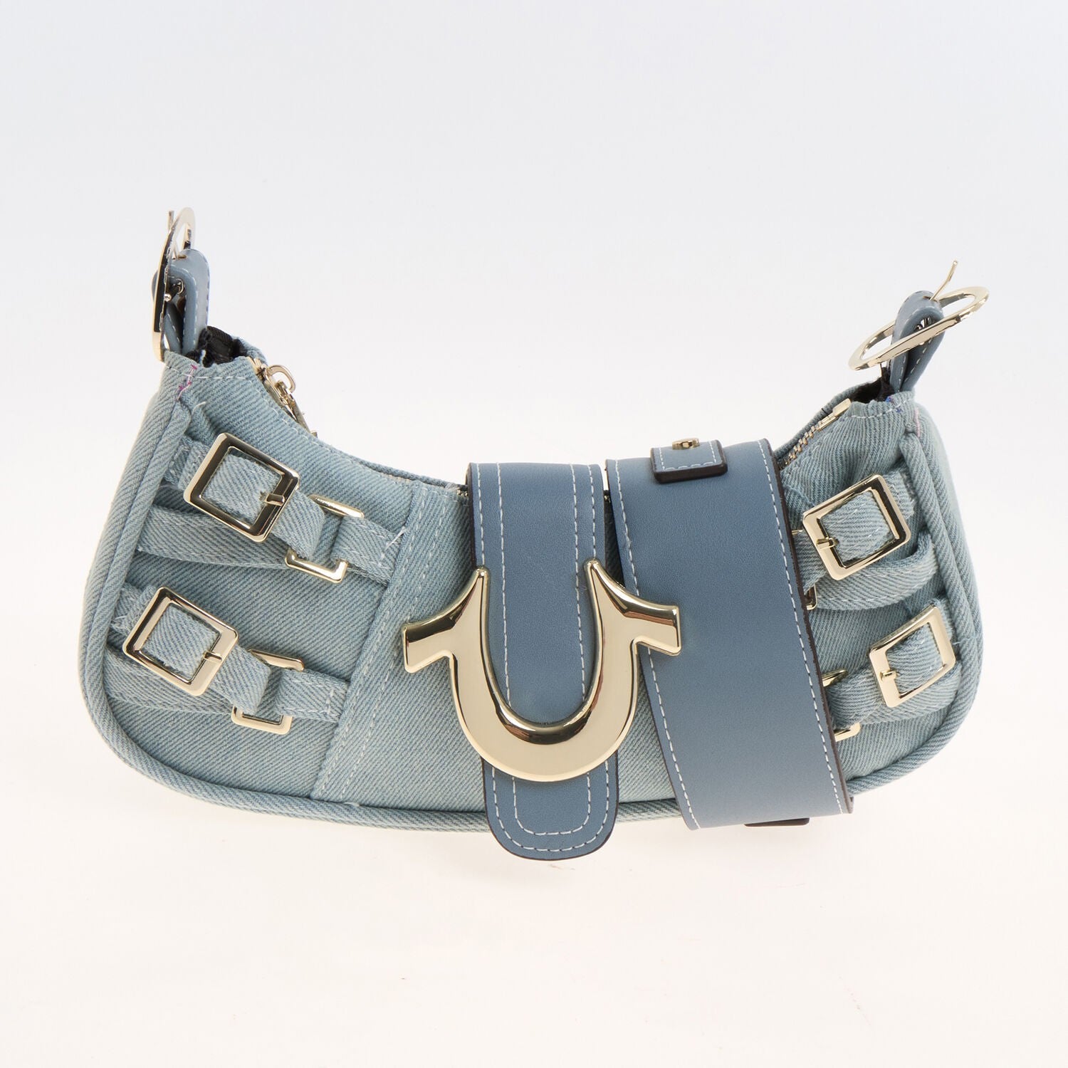 True Religion Buckle Horseshoe Denim Handbag RN 109028 Light Denim Blue