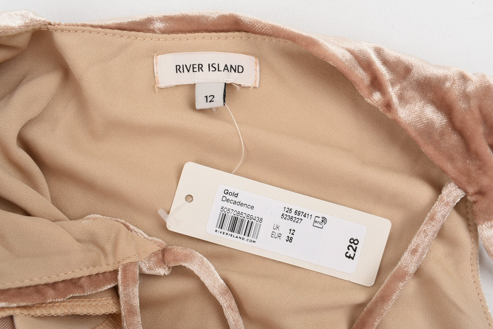 RIVER ISLAND 'Decadence' Womens Velvet Slip Dress, Gold Brown, size UK 12