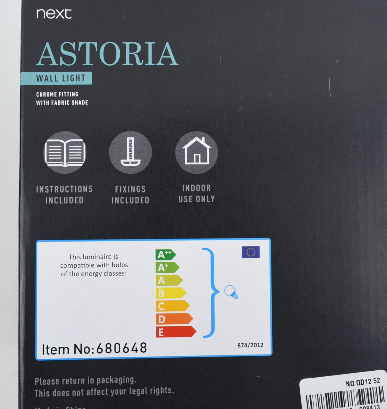 NEXT Astoria Wall Light, Chrome Fitting / Fabric Shade