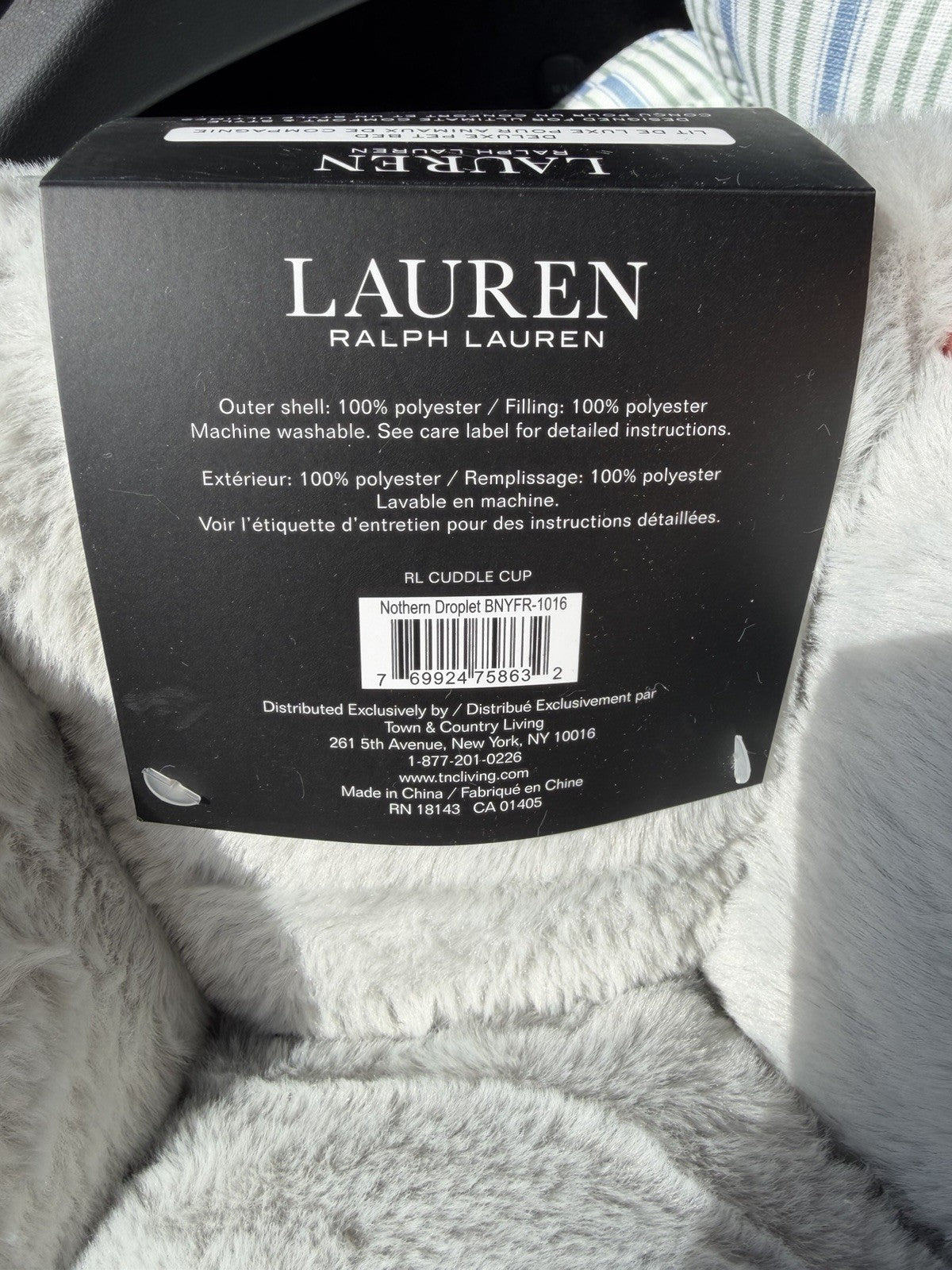 Lauren Ralph Lauren Light Grey Faux Fur Cuddler Cup Pet Bed 43x43cm