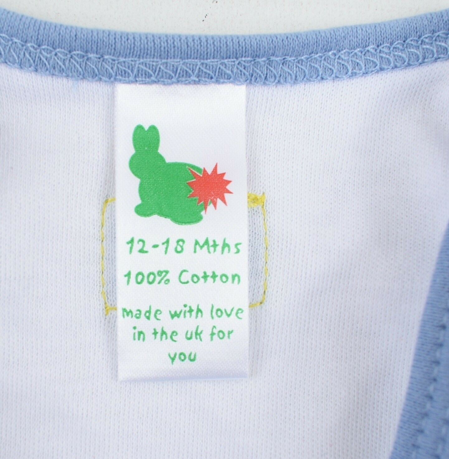 GREEN RABBIT Baby Wrap Around Top, White/Blue, MADE IN UK, size 12-18 months