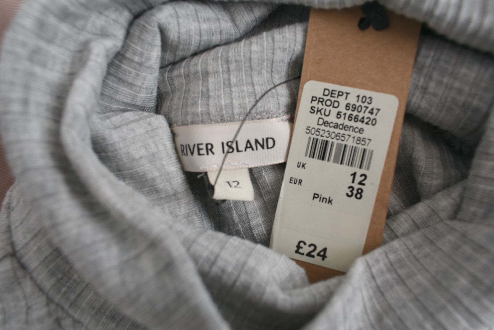 RIVER ISLAND Womens Layered Effect Rollneck Top, Grey/Pink, size UK 12
