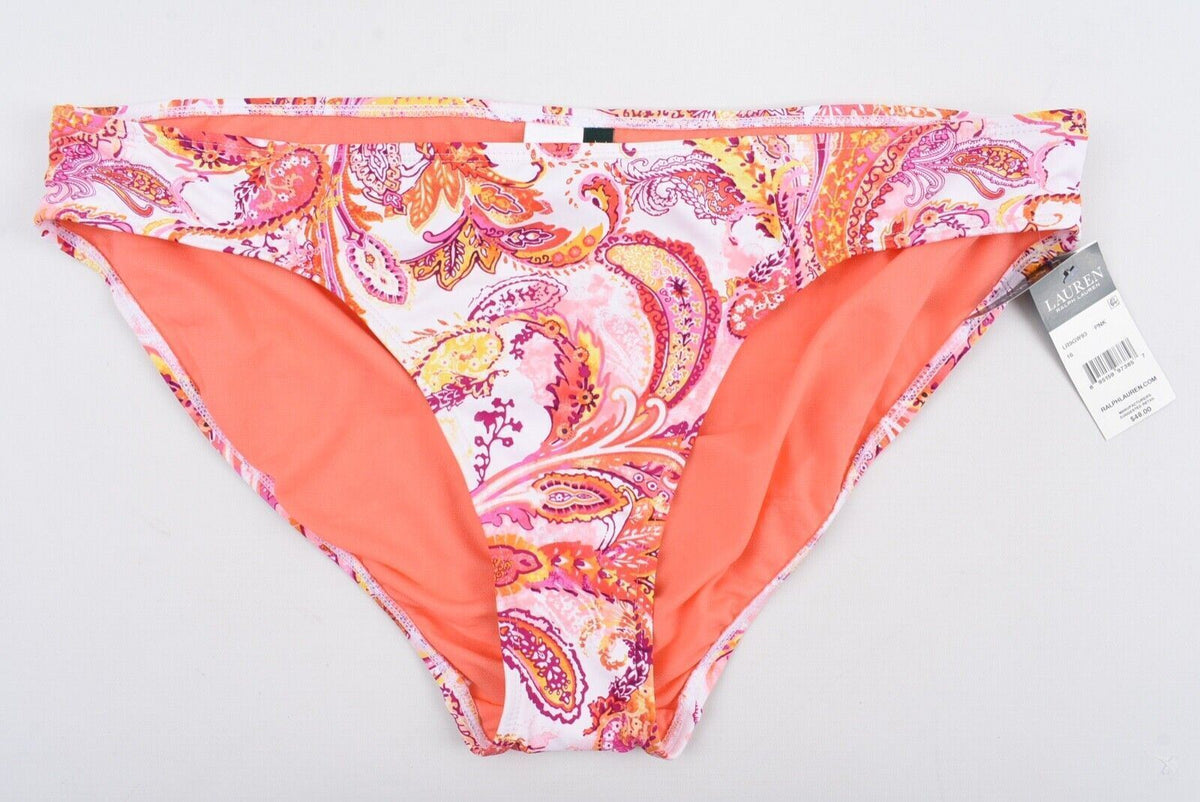 LAUREN RALPH LAUREN Women's Paisley Print Bikini Bottoms, Coral Pink, size UK 20