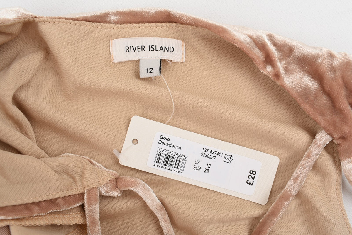 RIVER ISLAND 'Decadence' Womens Velvet Slip Dress, Gold Brown, size UK 12