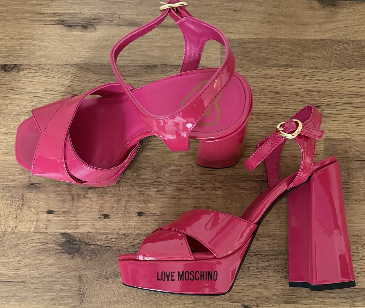 Love Moschino Sandals Block High Heels Pink Fuchsia EU38 UK6  NEW