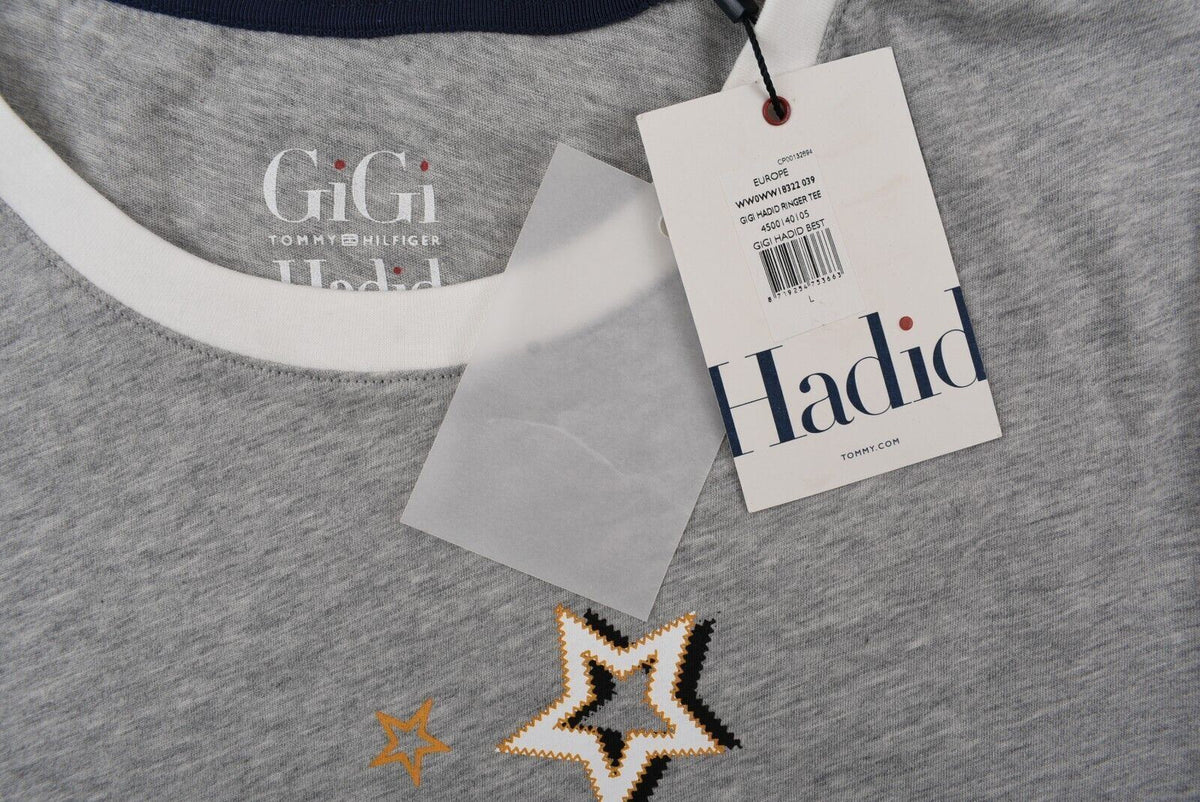 TOMMY HILFIGER x GIGI HADID Women's Graphic Print Ringer Tee, Grey, size L