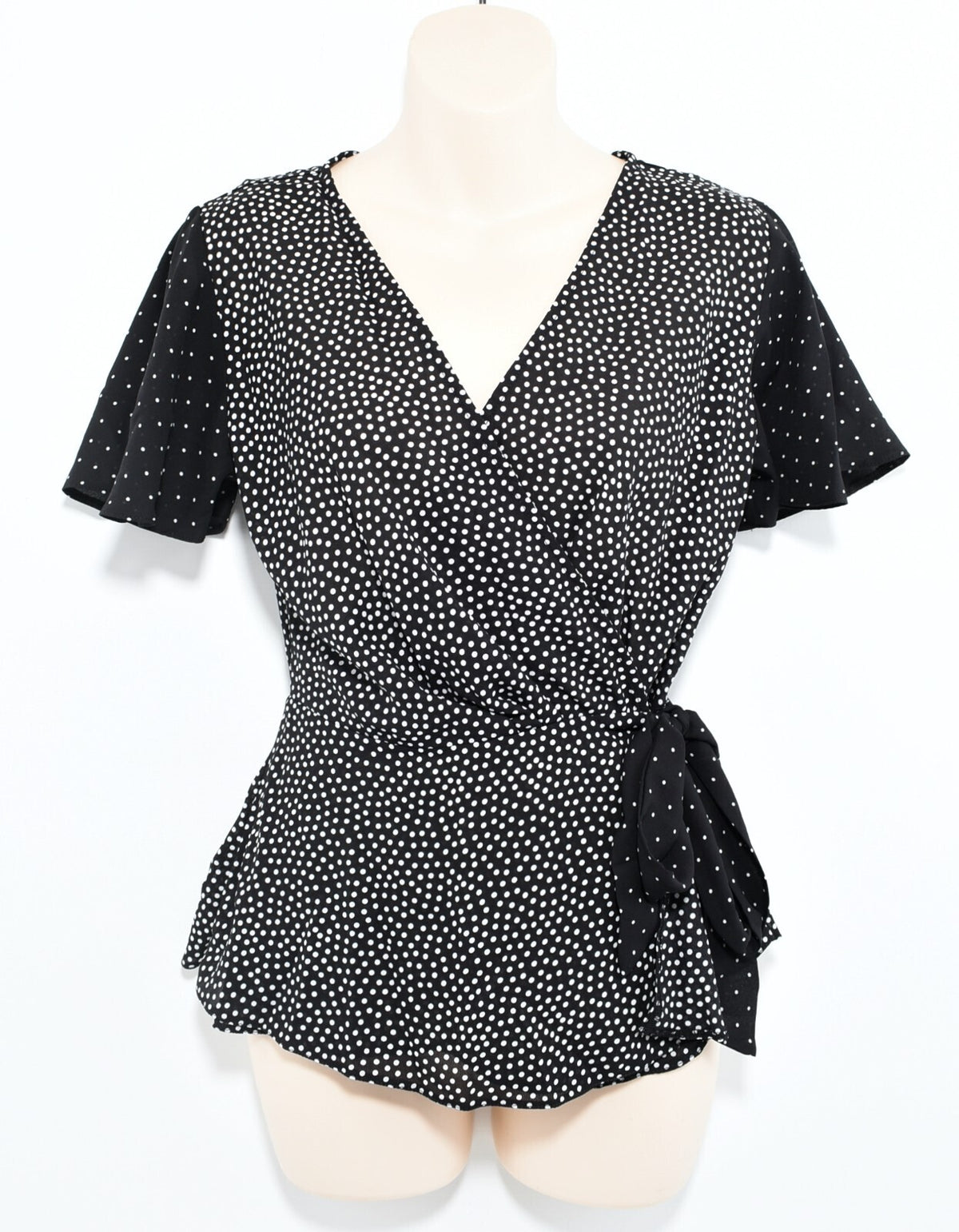PARAPHRASE Womens Polka Dot Wrap Top, Black/White, size SMALL