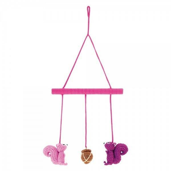 SINDIBABA Pink Crochet Handmade Mini Crib Mobile with Rattles for Babies