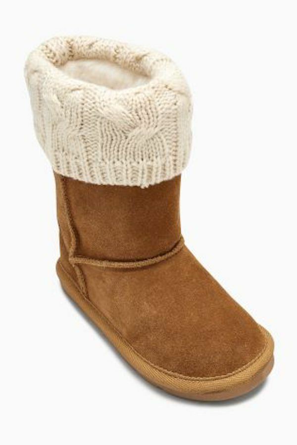 NEXT Baby Girls' Pull On Suede Leather & Knitted Cuff Boots, Tan, UK infant 3 4