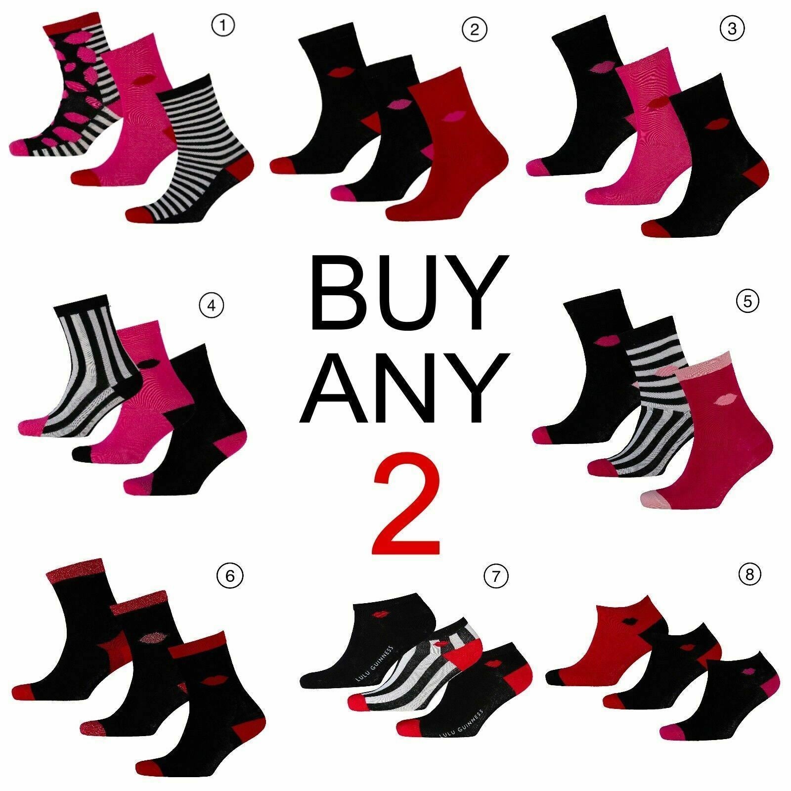 LULU GUINNESS WOMENS SOCKS 3-Pack size UK 4-8, Various designs