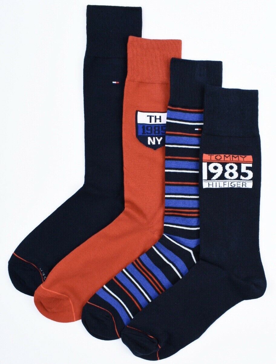 TOMMY HILFIGER Men's 4-pack High Dress Socks, Navy/Red/Striped, UK 6.5-11