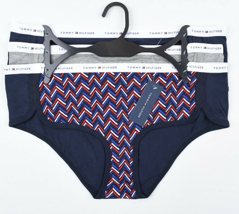 TOMMY HILFIGER 3-pk Women's HIPSTER Briefs Knickers, Navy/Grey/Printed, size M