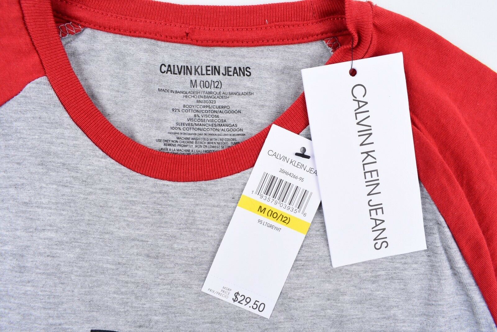 CALVIN KLEIN JEANS Boys' Long Sleeve Raglan Top, Grey/Red, 10 y /11 y /12 years