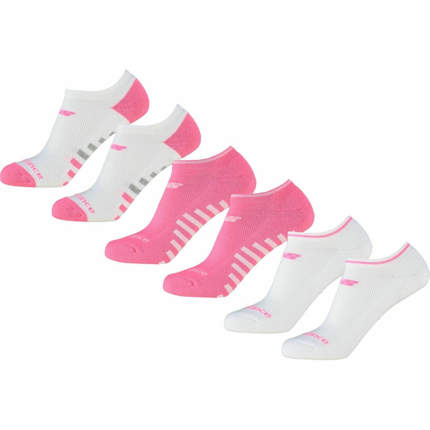 NEW BALANCE Women's 6-pk No Show Cushion Sole Trainer Socks, White/Pink, UK 4-7