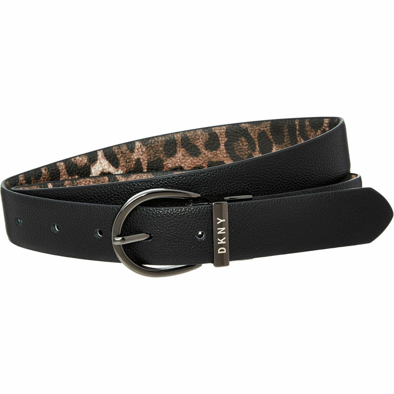DKNY Women's Faux Leather Reversible Belt, Black /Leopard Print, 1" wide, size M