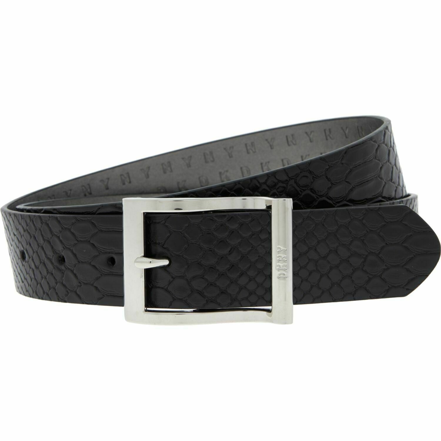 DKNY Women's Faux Leather Reptile Effect Belt, Black, 1.25" wide, size M
