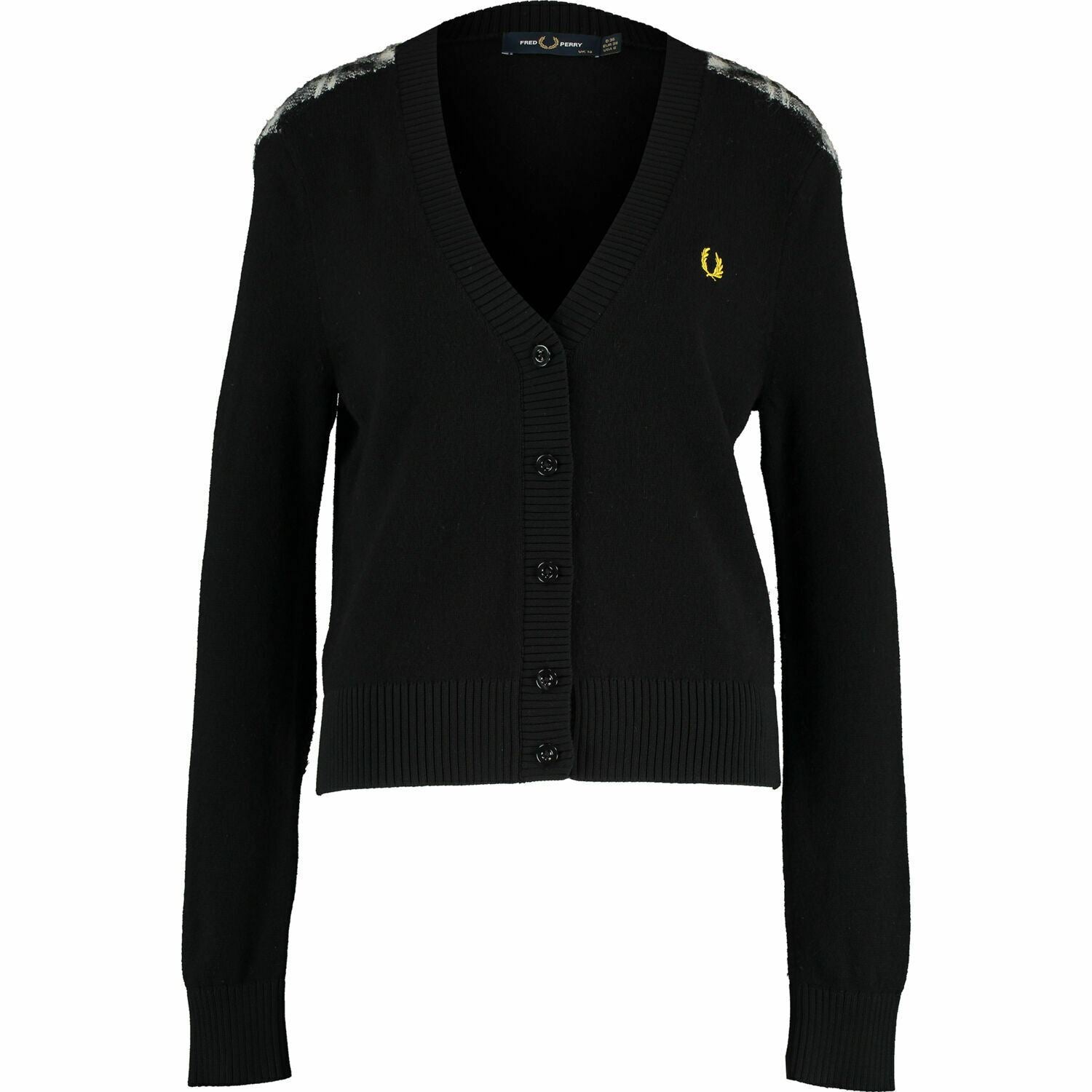 FRED PERRY Women's Black & Checked Detail 100% Wool Cardigan, size UK 10