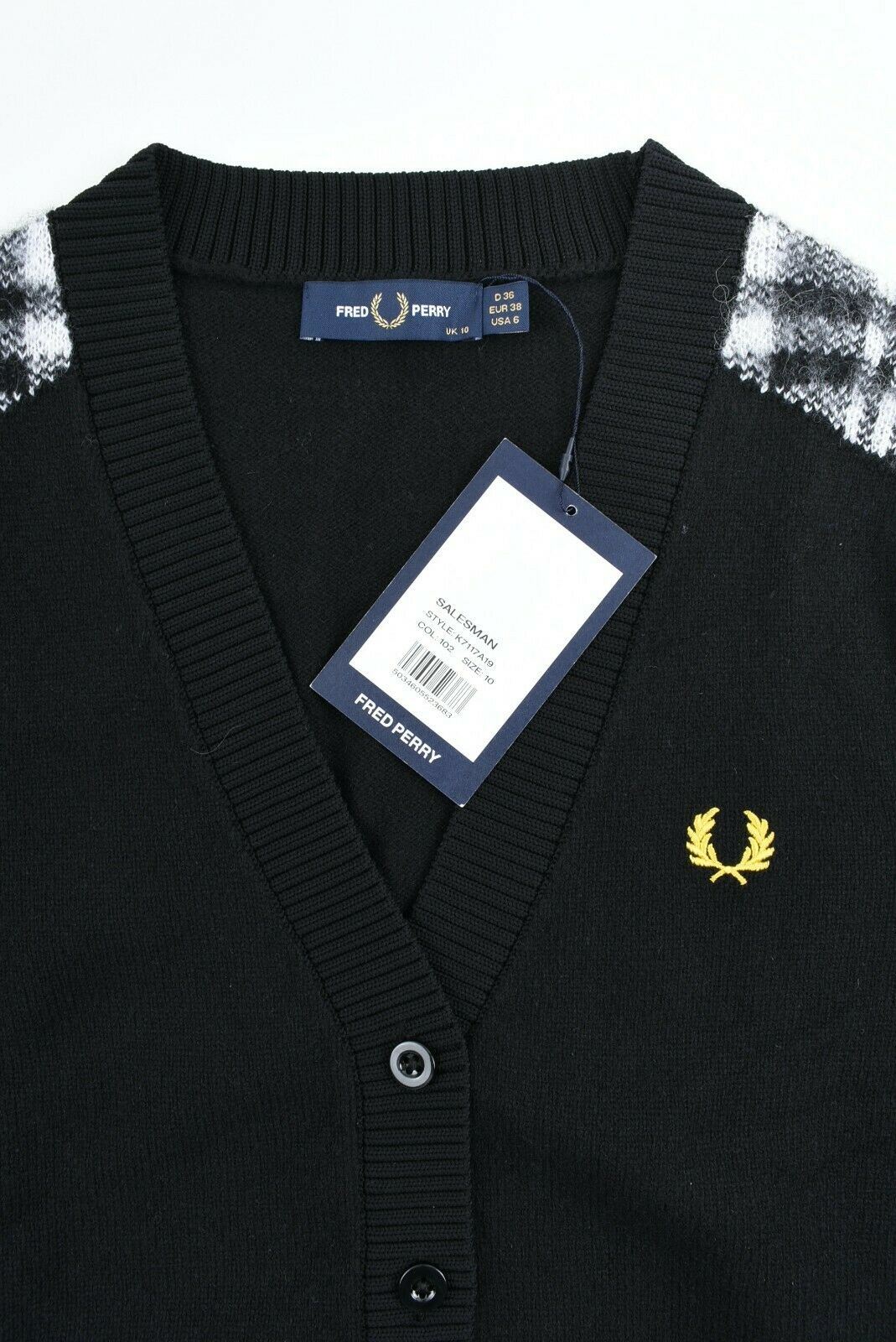 FRED PERRY Women's Black & Checked Detail 100% Wool Cardigan, size UK 10