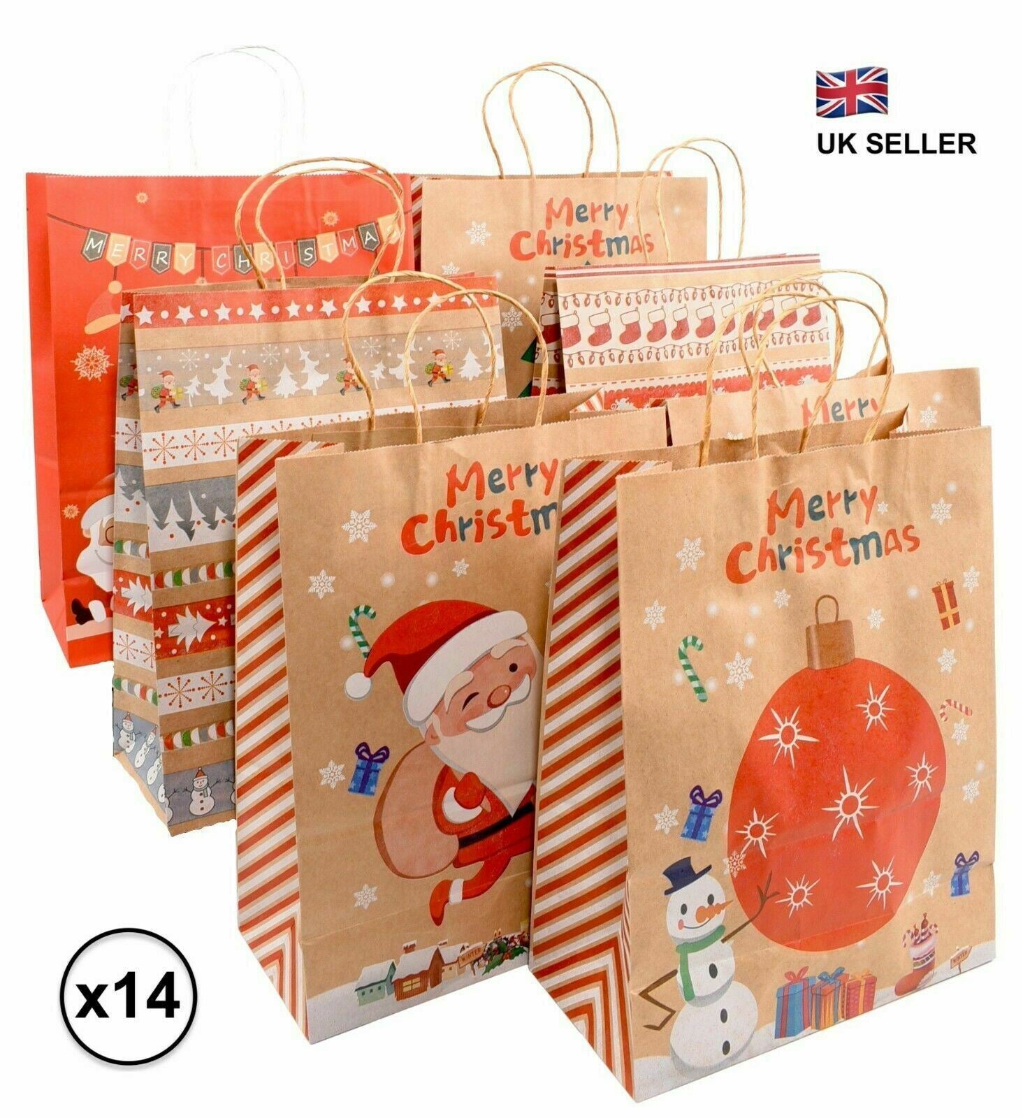 14Pcs Christmas Gift Bags - Brown Recyclable Kraft Paper Present Bags 33x26x12cm