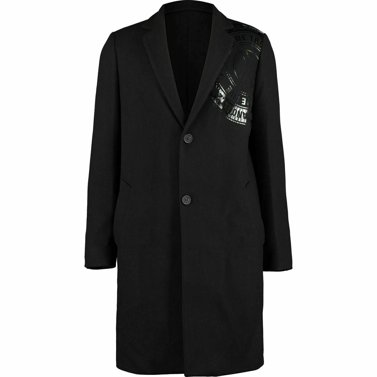 LOVE MOSCHINO Men's Black Wool Blend Coat, 80% Wool, Printed Shoulder, size 40