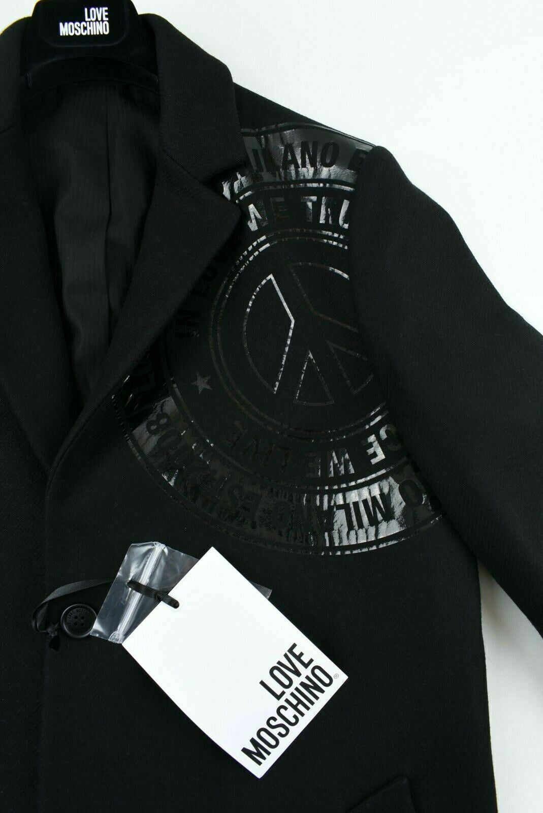 LOVE MOSCHINO Men's Black Wool Blend Coat, 80% Wool, Printed Shoulder, size 40