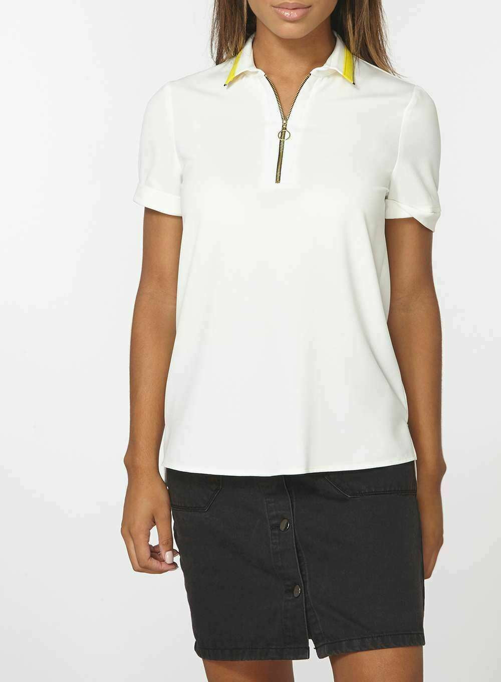 DOROTHY PERKINS Women's Yellow Collar White Polo Top size UK 12