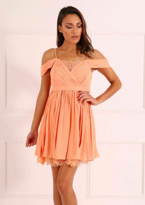 FOREVER UNIQUE Women's BECKY Orange Chiffon Draped Off Shoulder Dress, size UK 8