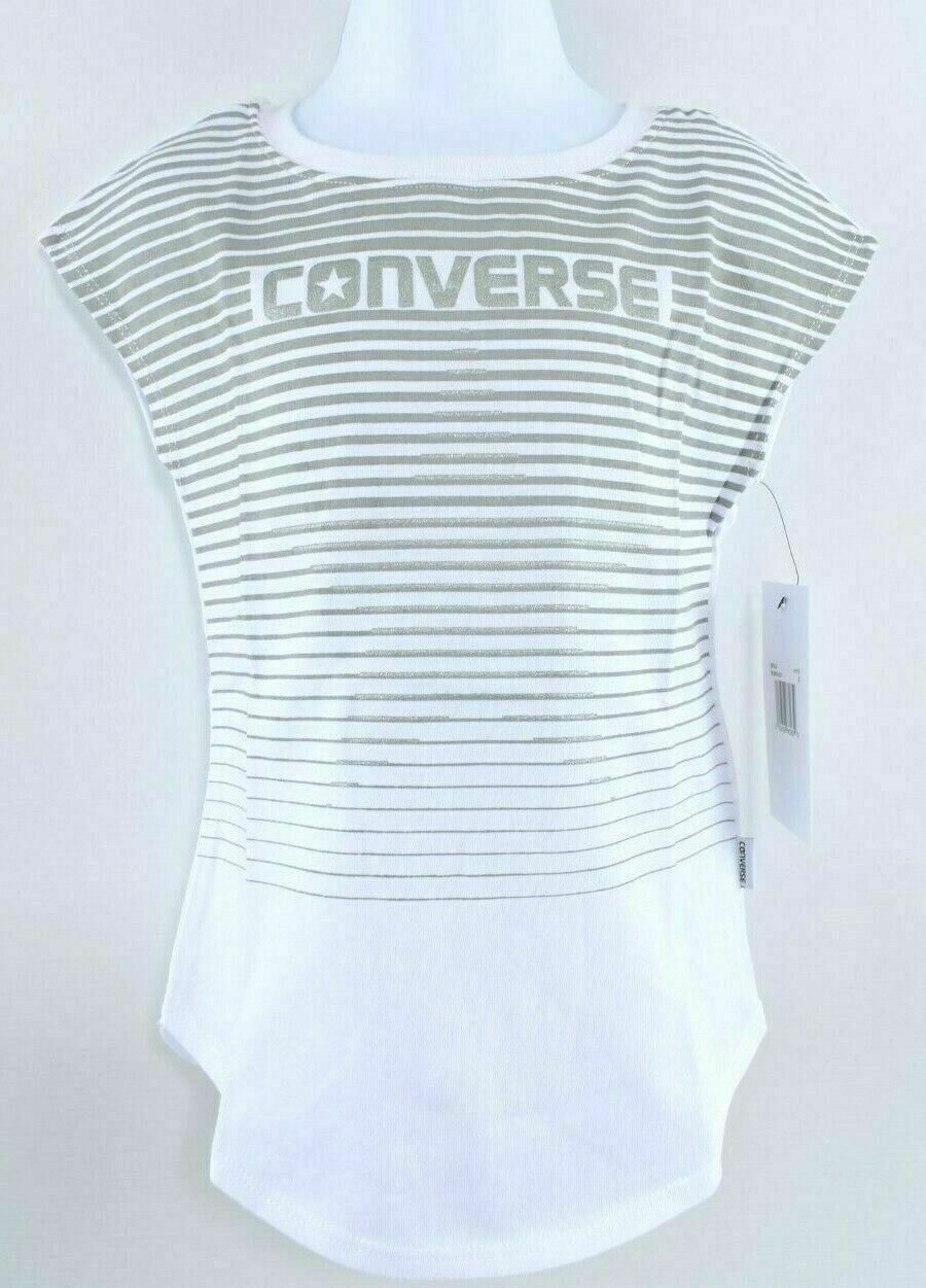 CONVERSE Girls' Short Sleeve T-Shirt Top White/Grey Stripes 2 years to 3 years