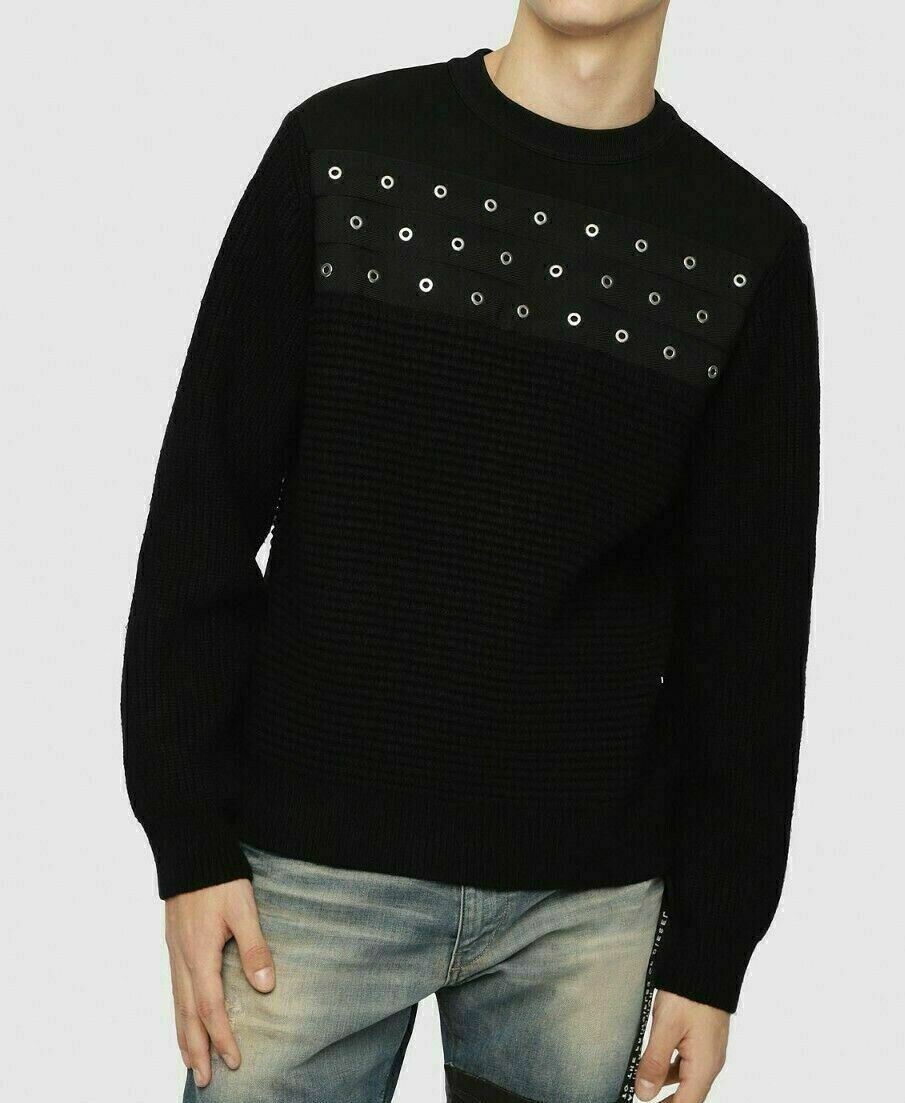 DIESEL Men's K-RUSHIS Textured Pullover Jumper with Eyelets, Black, size L