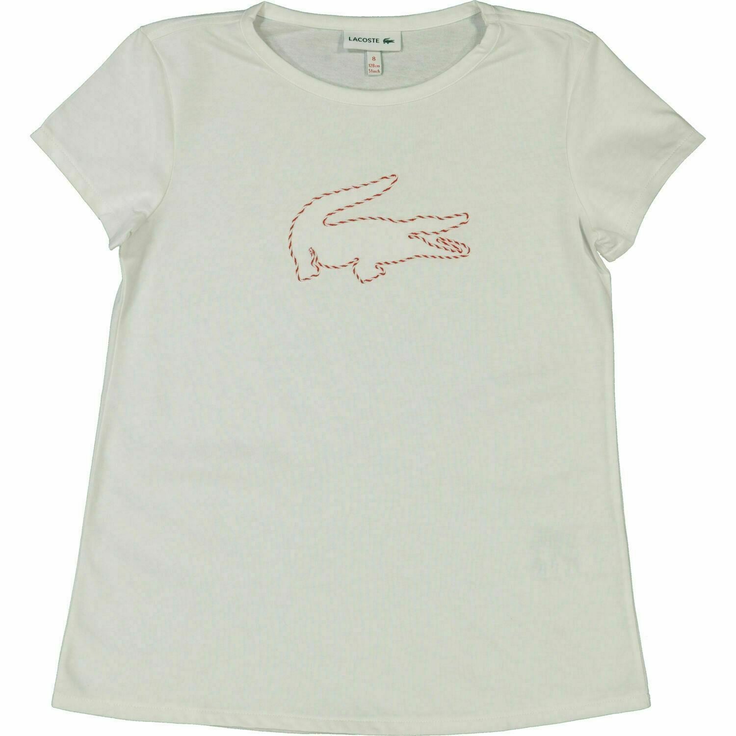 LACOSTE Girls' T-shirt Top, Logo Embroidery, White, size 8 years / 128cm