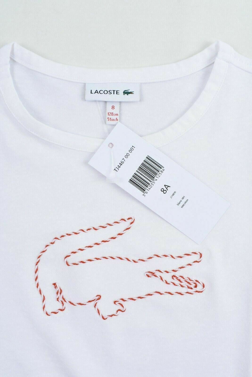 LACOSTE Girls' T-shirt Top, Logo Embroidery, White, size 8 years / 128cm