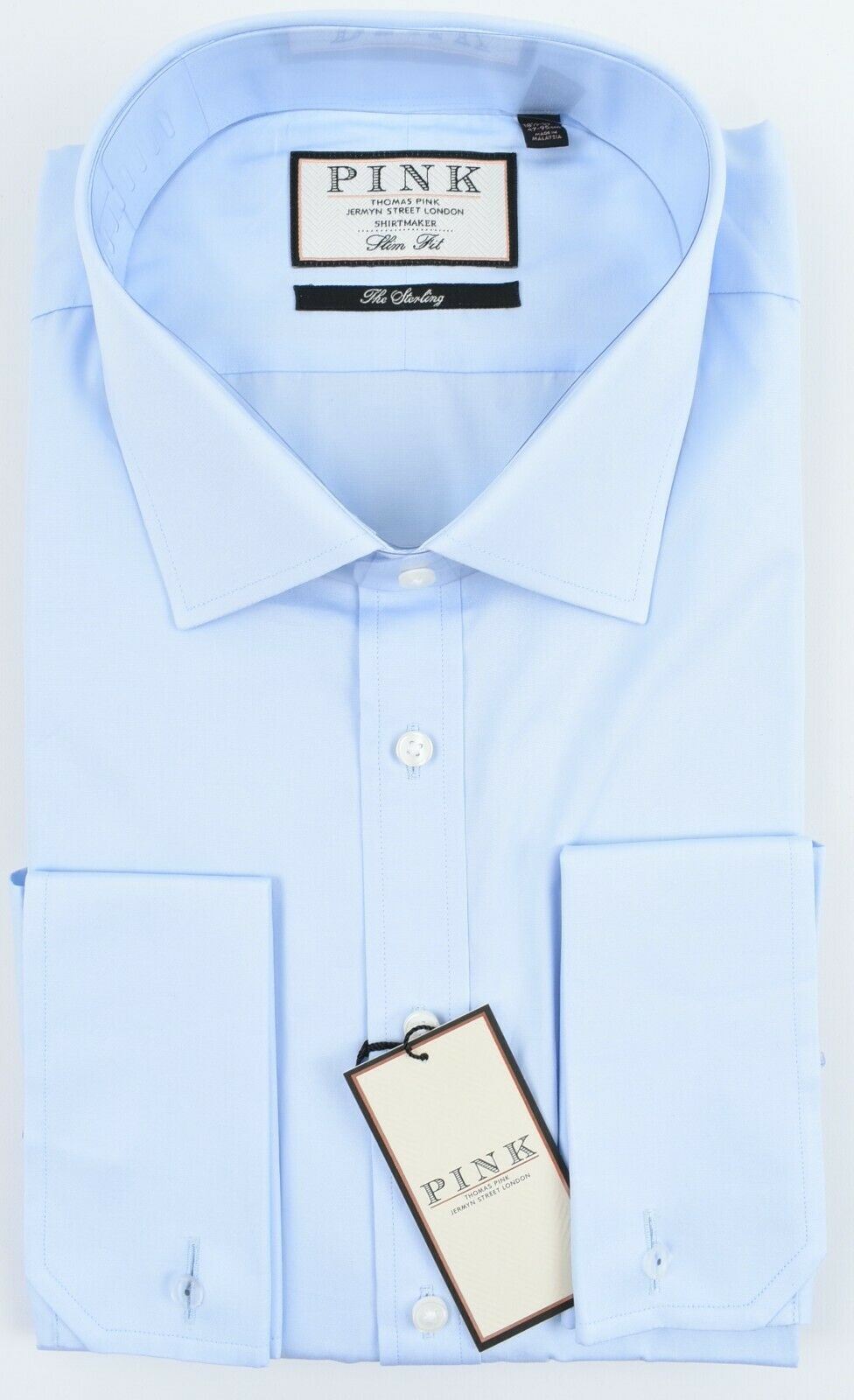 THOMAS PINK Men's Frederick Double Cuff Slim Fit Shirt, Pale Blue collar 18.5" L