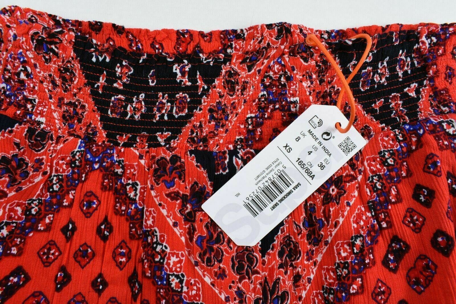 SUPERDRY Women's SARA Smocking Skirt, Siena Red Patchwork, size XS / UK 8