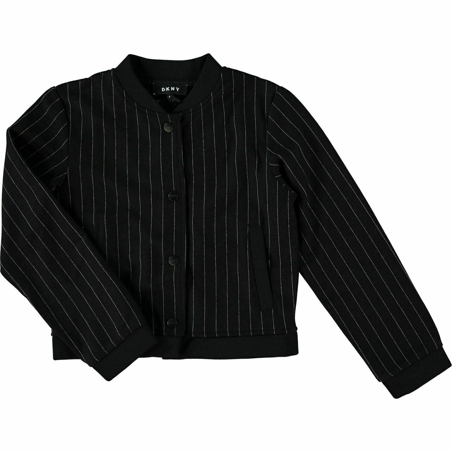 DKNY Girls' Kids' Black Pinstripe Jersey Bomber Jacket, size 10 years