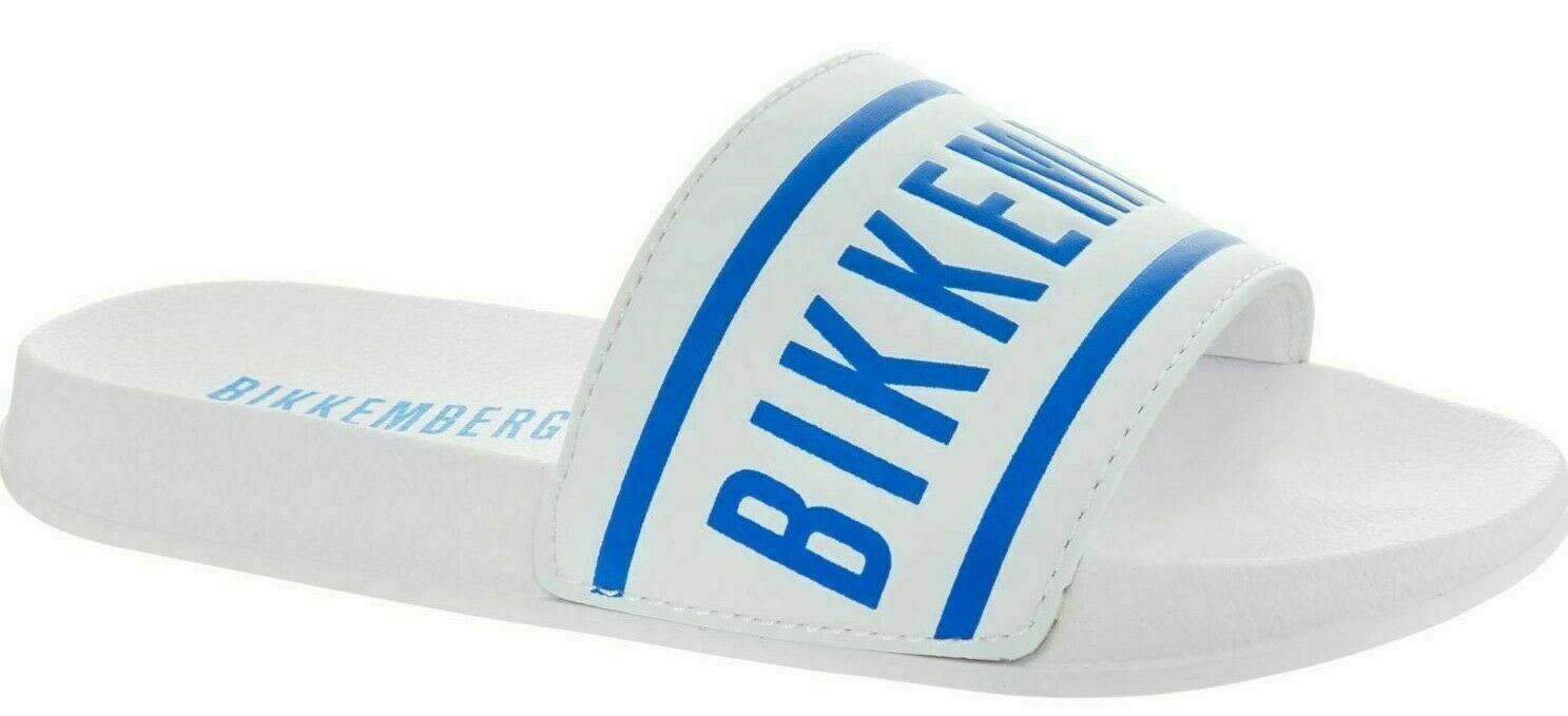 BIKKEMBERGS Boys' White & Blue Logo Sliders Beach Sandals, UK junior 2 /EU 34