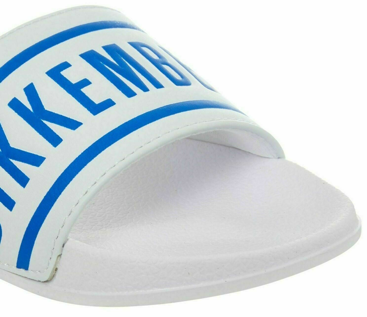 BIKKEMBERGS Boys' White & Blue Logo Sliders Beach Sandals, UK junior 2 /EU 34