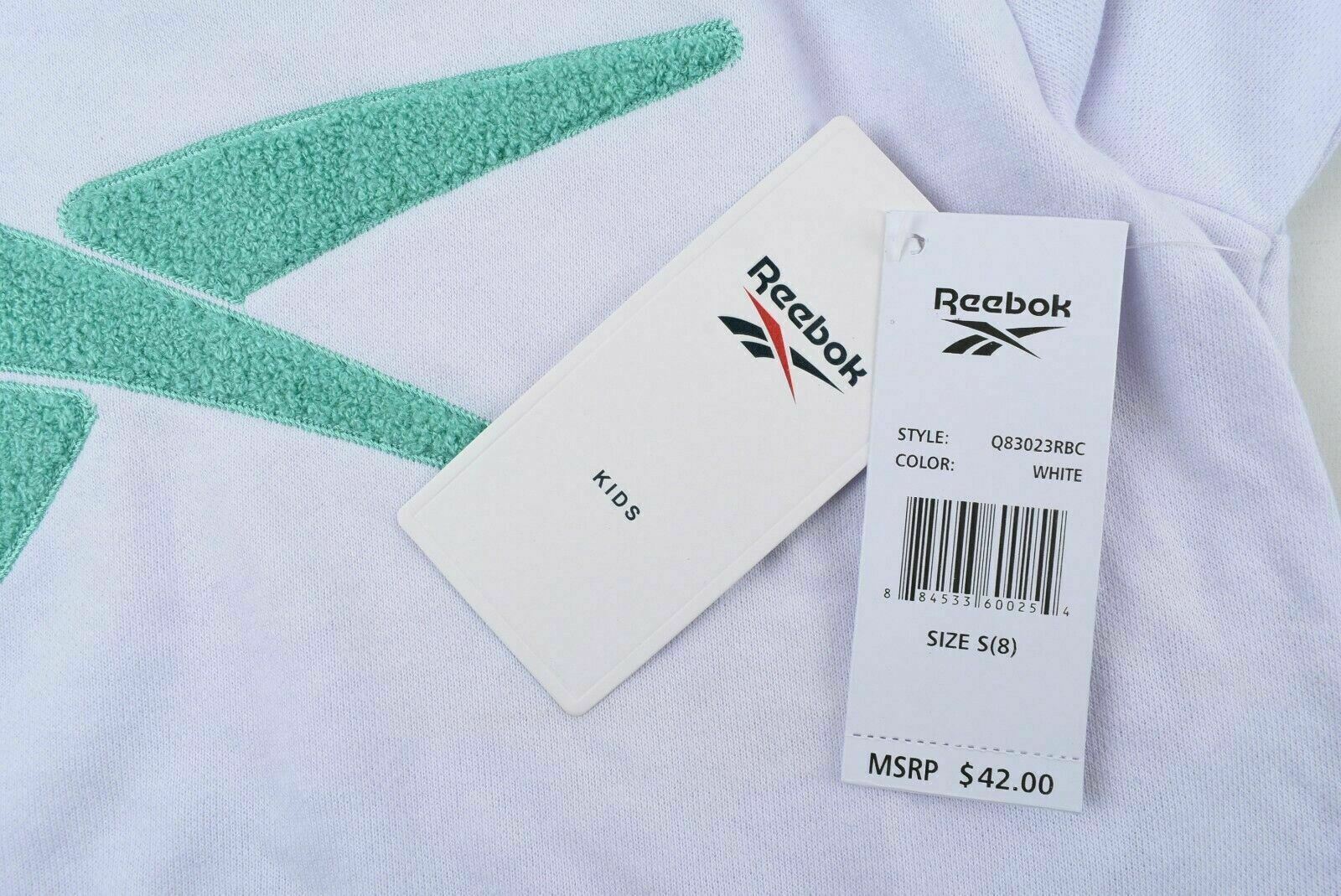 REEBOK Girls' White Branded Hoodie, Green Logo, size 8 years