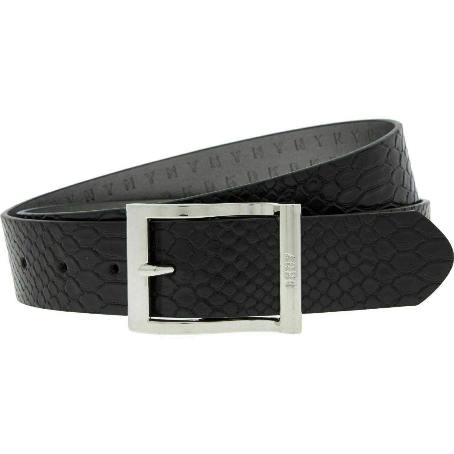 DKNY Women's Faux Leather Reptile Effect Belt, Black, 1.25" wide, size L