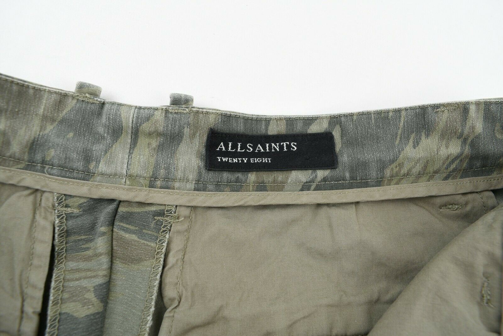 ALLSAINTS Men's STORM Relaxed Fit Green Camouflage Shorts, size W28