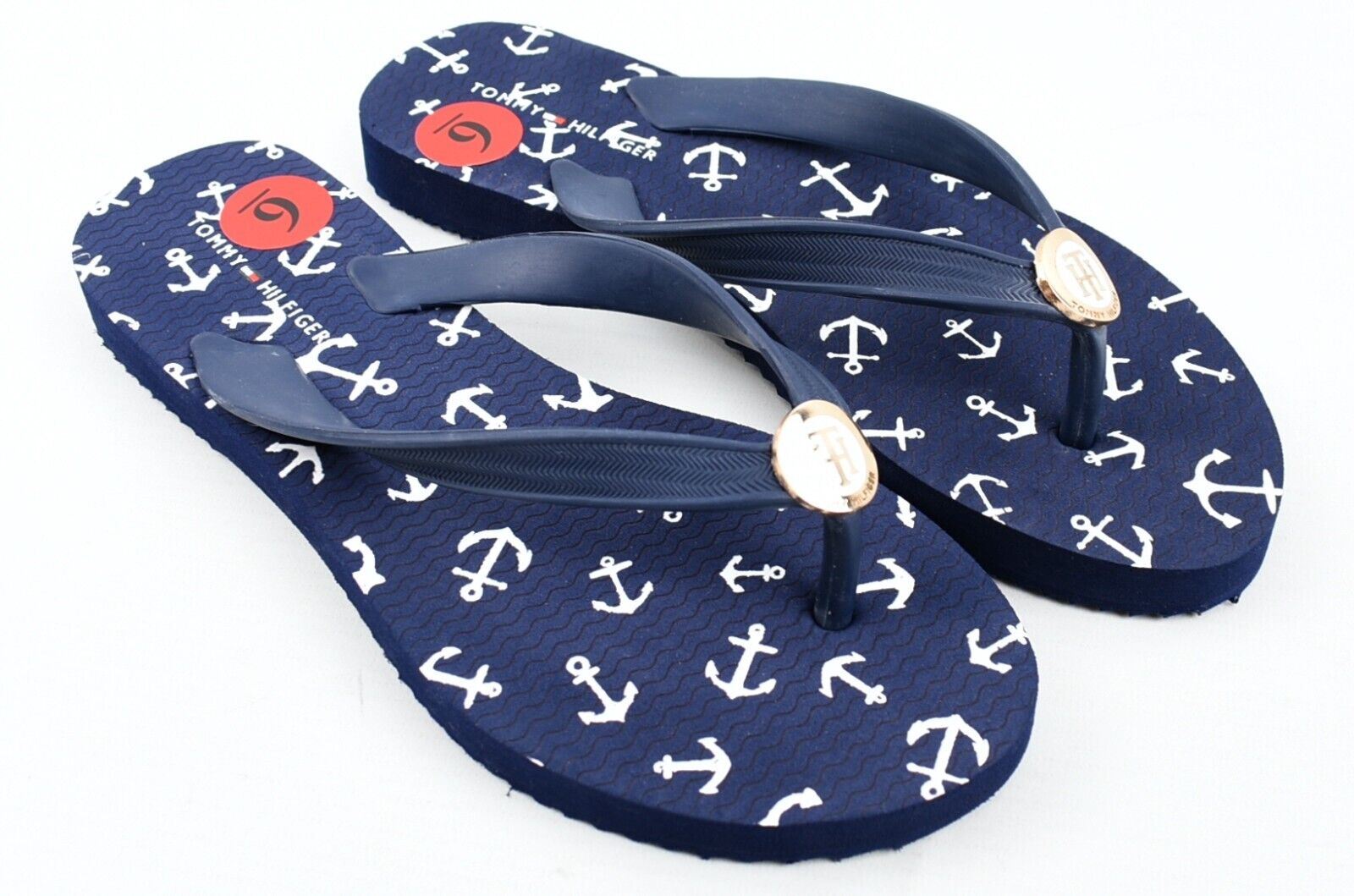 TOMMY HILFIGER Women's ROSEE Blue/Nautical Print Flip Flops Sandals, size UK 3.5