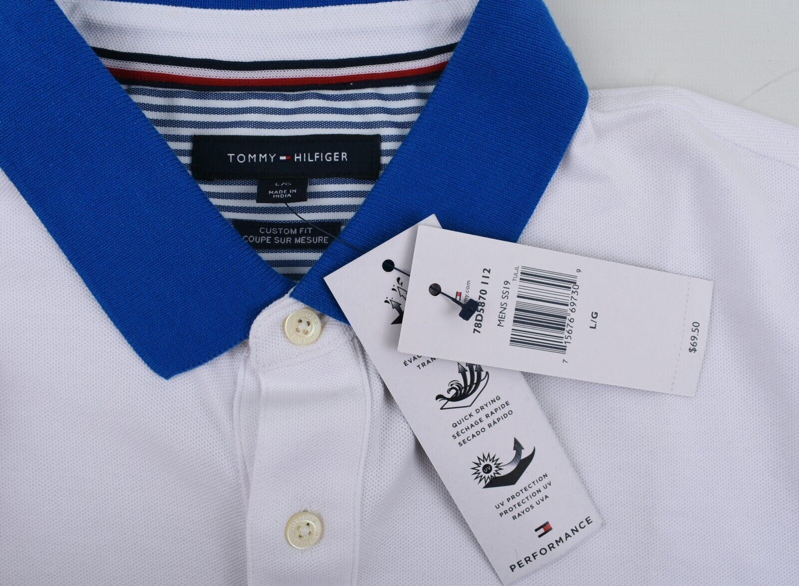 TOMMY HILFIGER Men's Cotton Blend Polo Shirt, White, Custom Fit, size L-XL