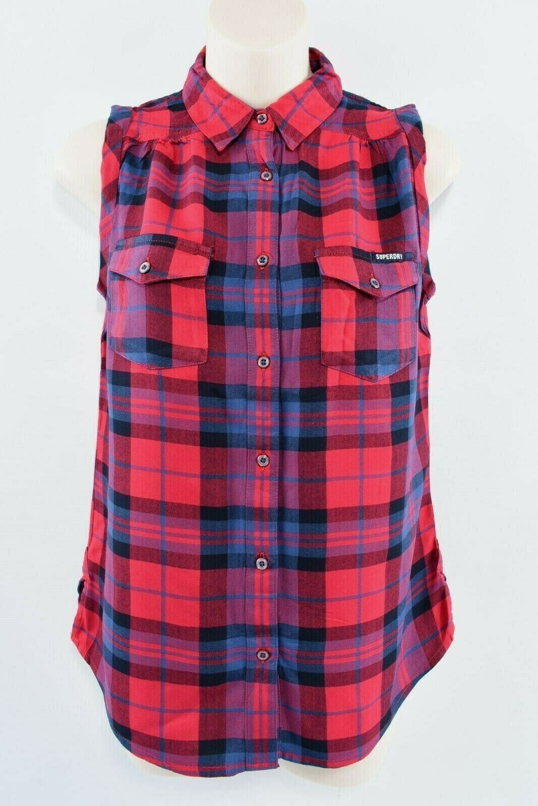 SUPERDRY Women's Sleeveless Boyfriend Shirt Top, Red Blue Check, size XS / UK 8