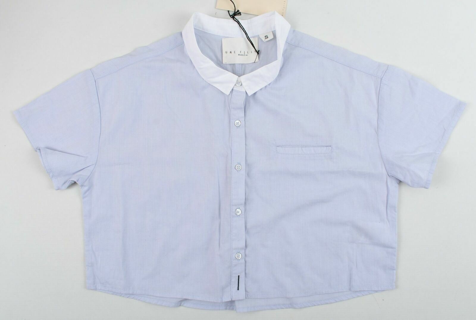 UNE FILLE Girl's Cropped Buttoned Short Sleeved Blue Shirt With Collar- Size S