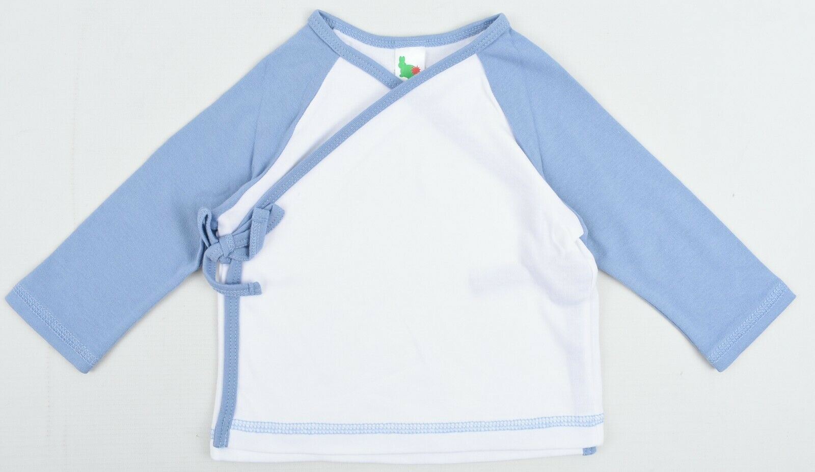 GREEN RABBIT Baby Wrap Around Top, White/Blue, MADE IN UK, size 6-12 months