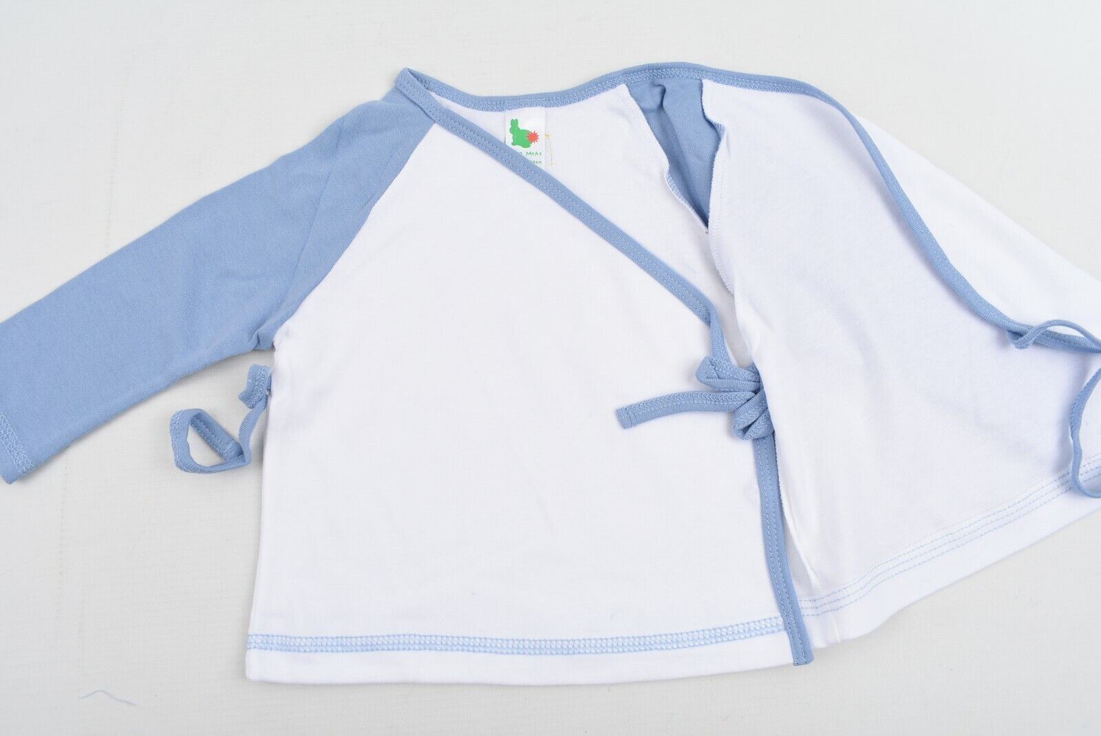 GREEN RABBIT Baby Wrap Around Top, White/Blue, MADE IN UK, size 6-12 months