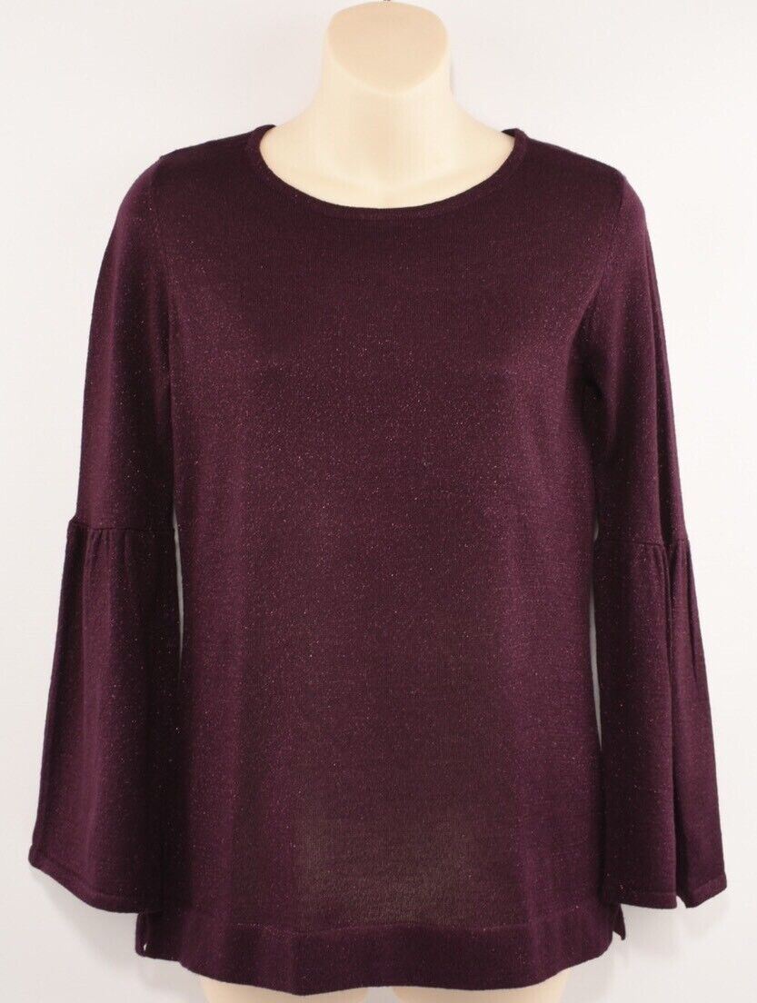 CALVIN KLEIN Women's Bell Sleeve Shimmer Knit Top, Plum, size XS