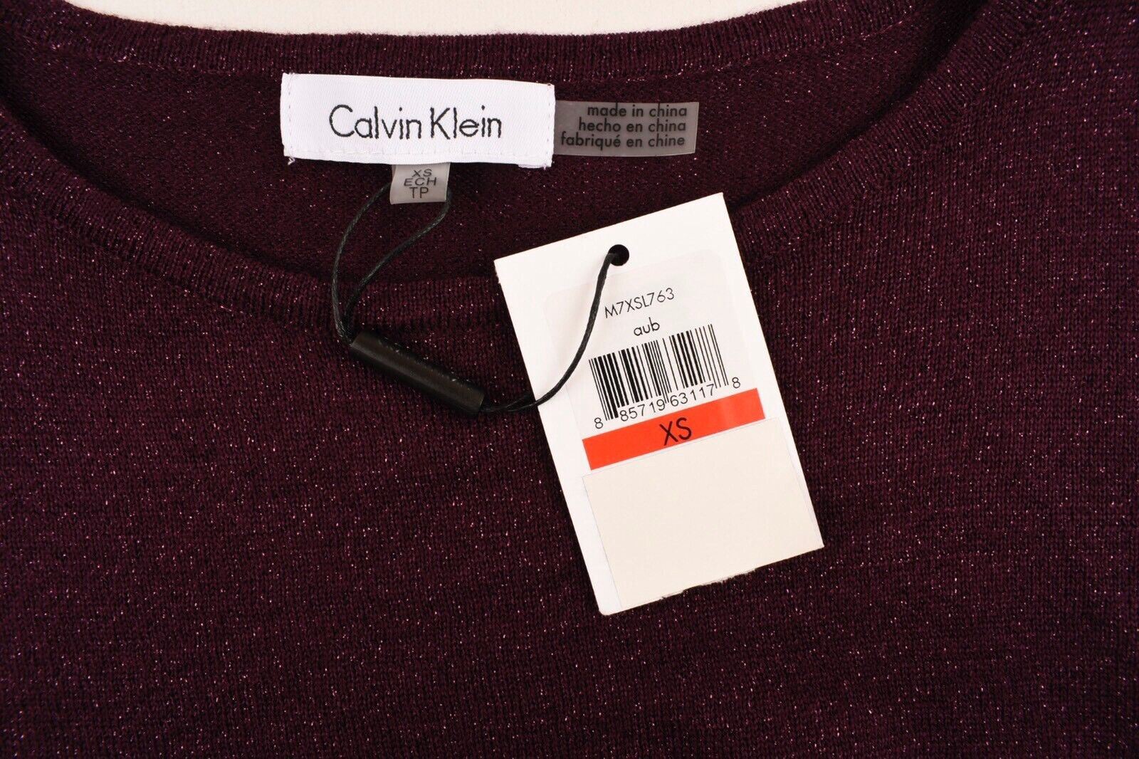 CALVIN KLEIN Women's Bell Sleeve Shimmer Knit Top, Plum, size XS