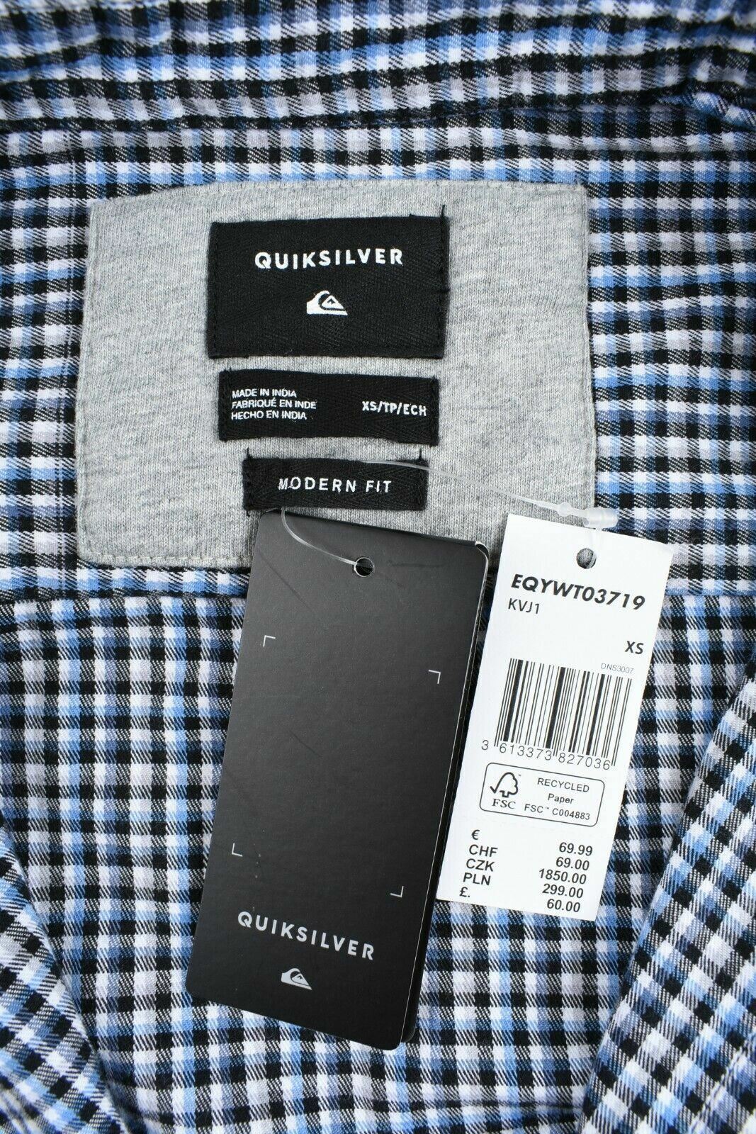 QUIKSILVER Men's Casual Cotton Shirt, Blue/Grey Checked, size XS Modern Fit